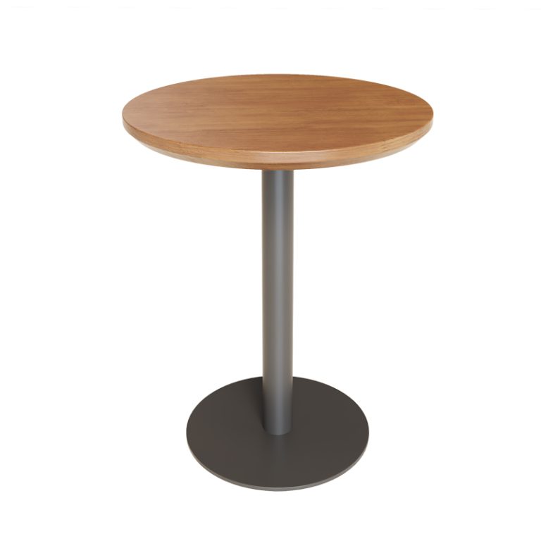 Round wooden table with a sleek metal base, suitable for cafes and dining rooms.