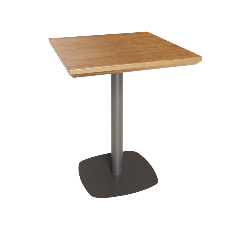 Square wooden table with a metal base, suitable for small spaces or casual dining.