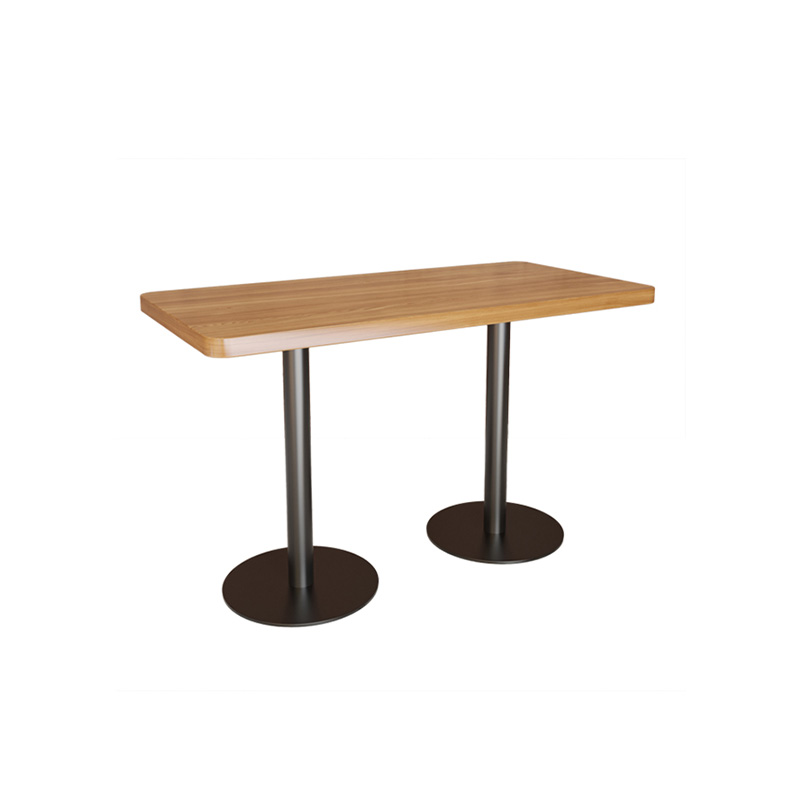 Wood finish round top table with black metal base; compact, modern design, ideal for cafe or small dining setups.