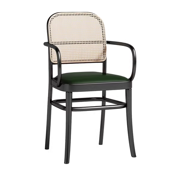 Wooden cane back chair with green seat and armrests, stylish restaurant seating furniture, ergonomic chair design, perfect for cafes and dining rooms.