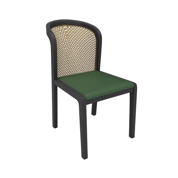 black frame cane back chair with green leather seat, modern design