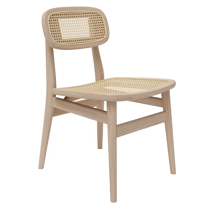 Wooden cane back chair with beige cushion, natural wood finish.