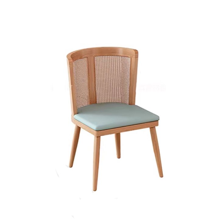 wooden cane chair with light blue cushion in modern design