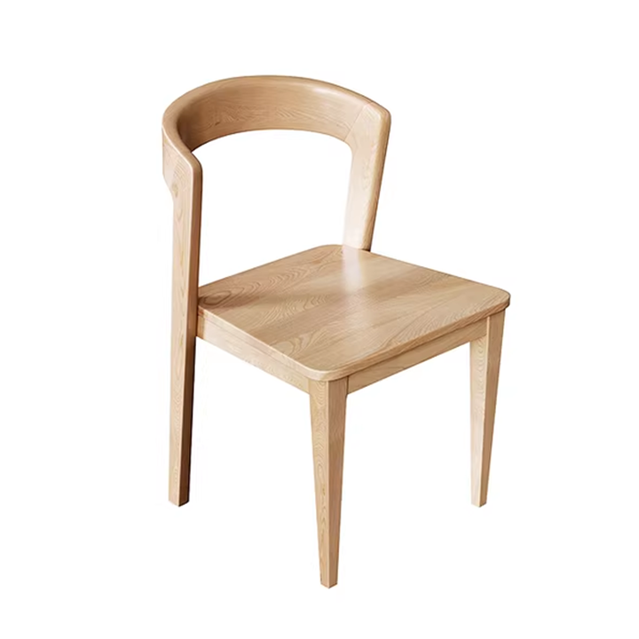 Wooden dining chair with curved backrest, square seat, minimalist style.