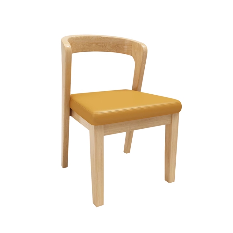 Wooden dining chair with yellow cushion, light wood finish, ergonomic backrest.