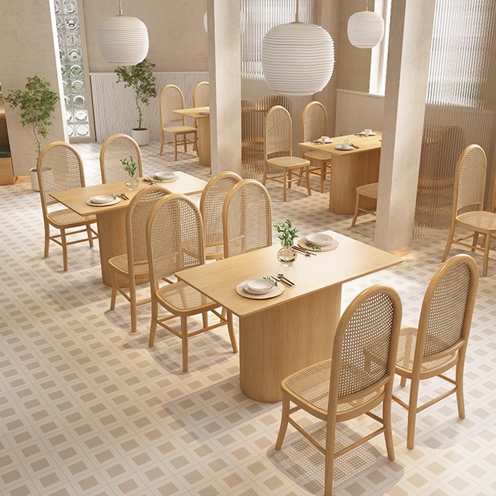 Wooden dining setup with round tables, rattan chairs, and natural flooring.