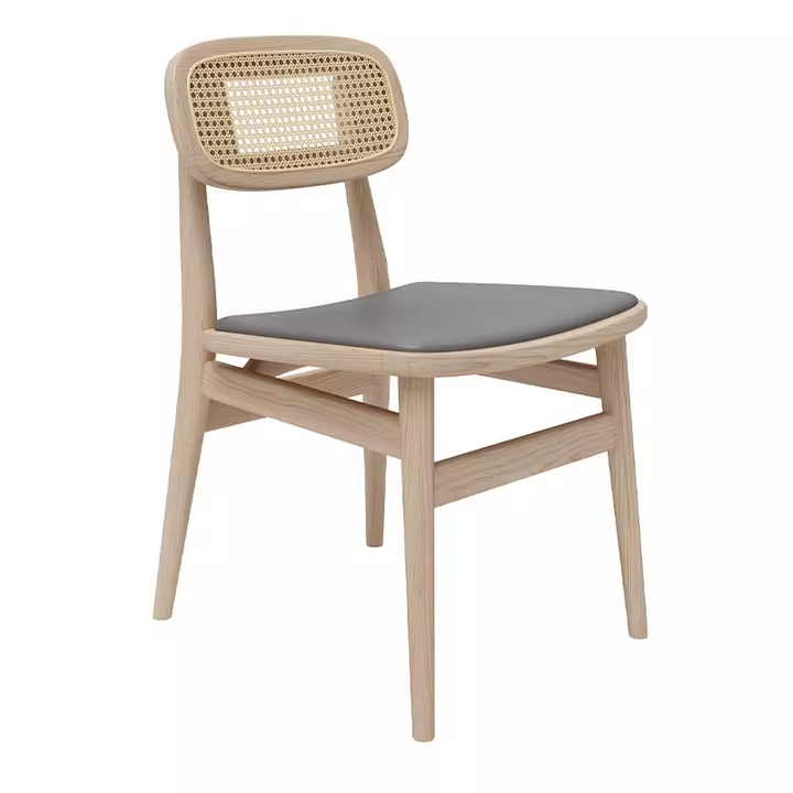 Wooden cane back chair with grey seat cushion, modern design, natural wood finish.