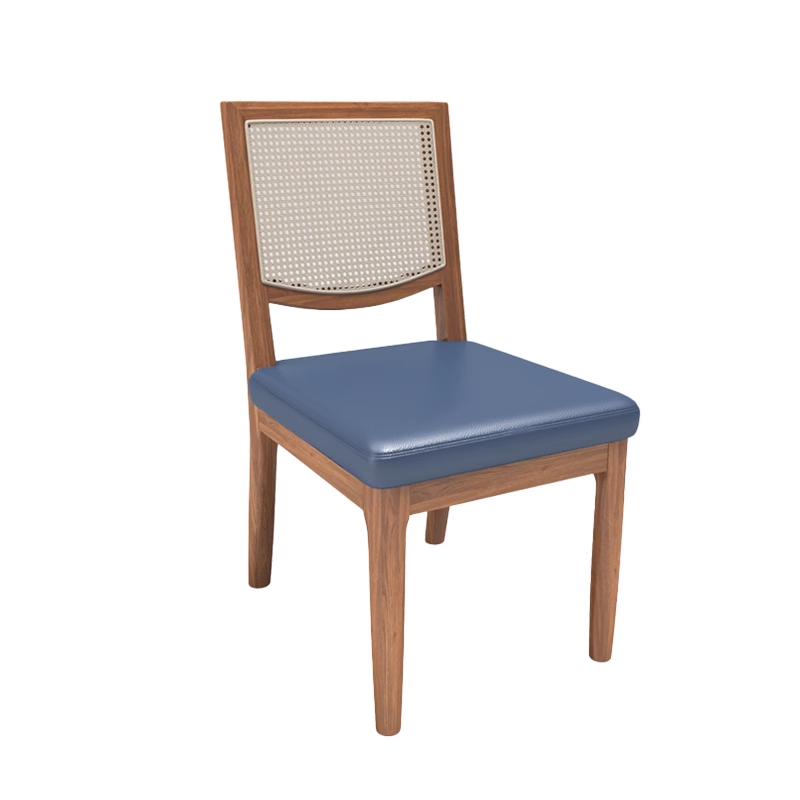 Wooden cane chair with blue leather seat, modern design, for dining room, comfortable seating.