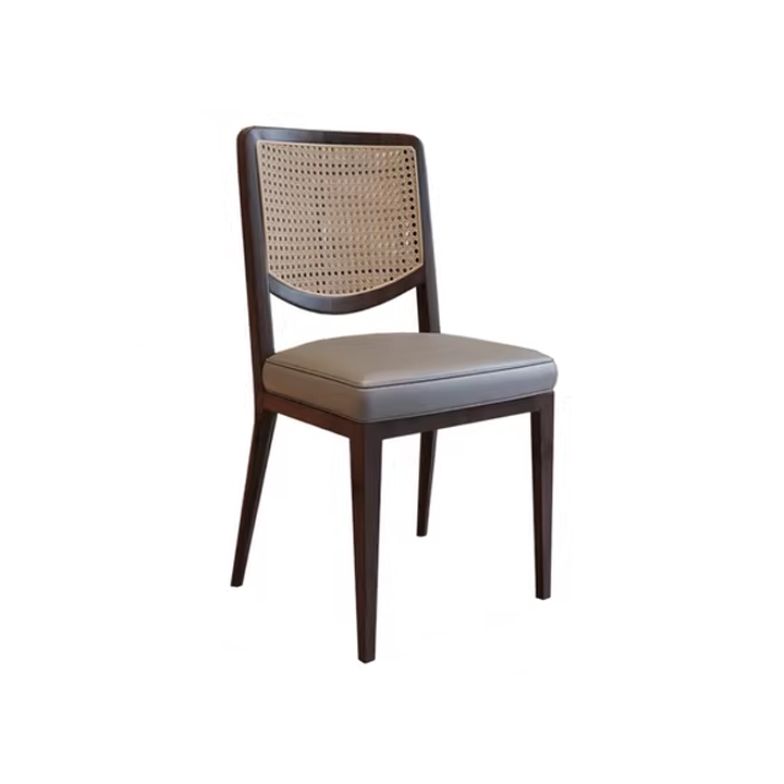 Wooden cane chair with grey leather seat, contemporary dining chair, sturdy and stylish design.