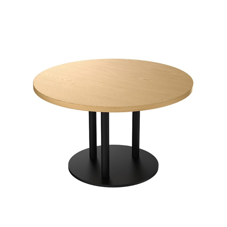 Wooden round table with two black metal legs, 120cm in diameter, 75cm in height, ideal for modern restaurants.