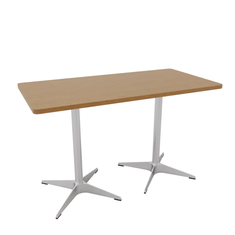 A rectangular wooden table with metal legs, sleek design for modern spaces.