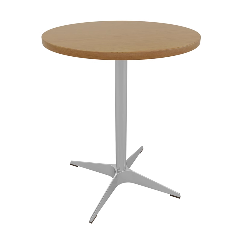 A round wooden table with metal base, compact and stylish for intimate settings.