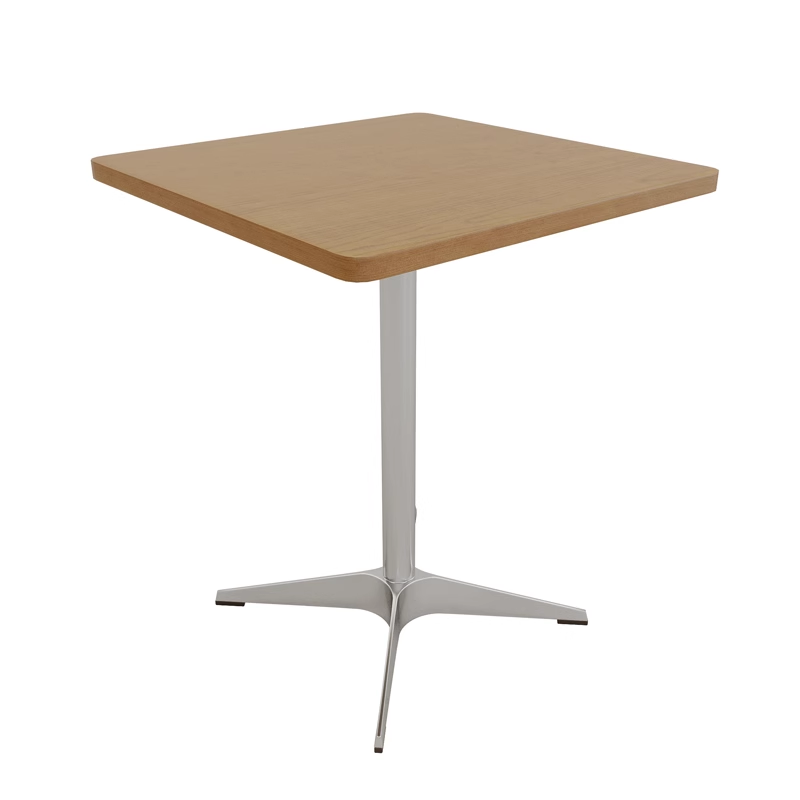 A square wooden table with metal base, ideal for small dining areas.