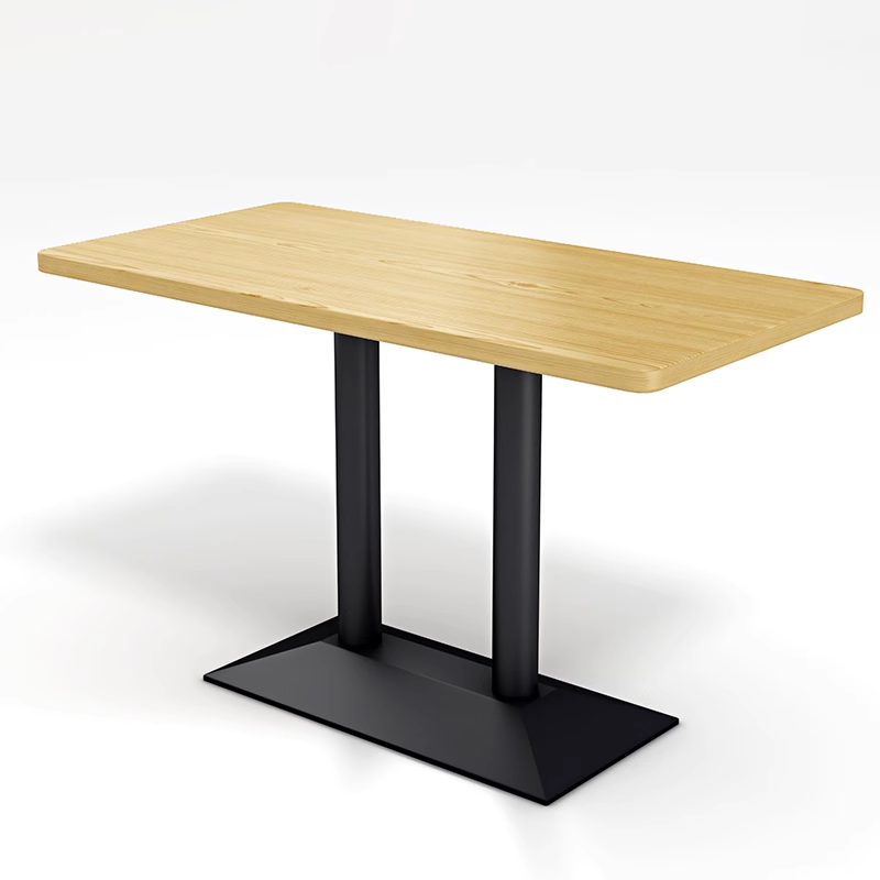 Wooden dining table with black metal legs and a rectangular top. The table's wood has a smooth finish with minimal grain details.