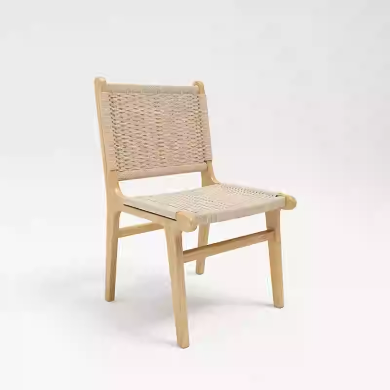 Woven leather dining chair with a natural wooden frame, featuring beige straps in a crisscross pattern.