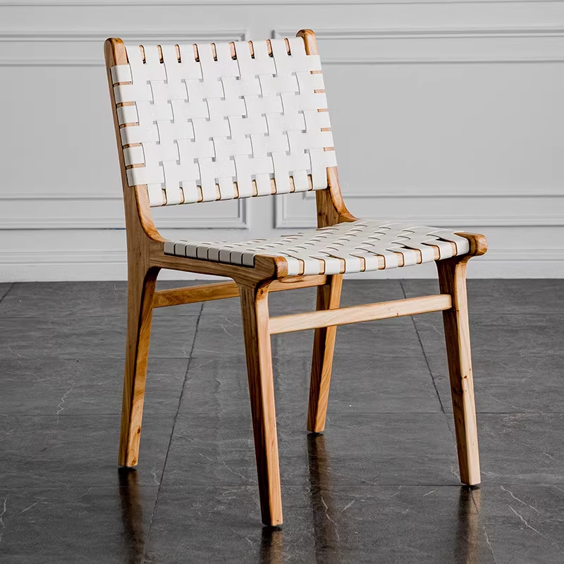 Woven linen chair with a wooden frame, featuring a beige seat cushion